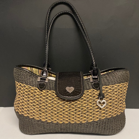 BRIGHTON Straw Leather Handles Shoulder Bag Purse